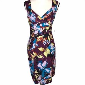 ADRIANNA PAPELL dress size 6 Plum abstract floral print ruched sheath dress NWT